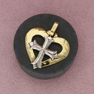 jeep collins sterling silver & brass accent vintage cross heart pendant